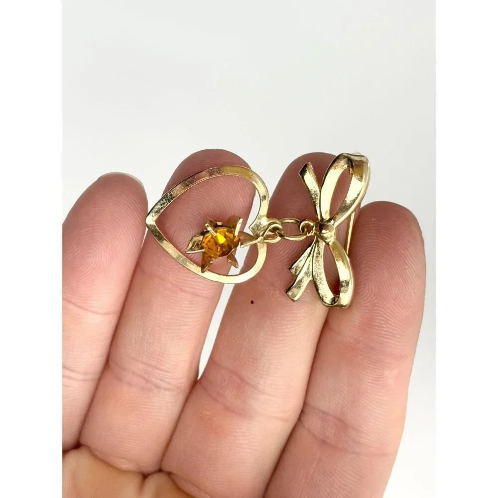 Gold Toned Matte Ribboned Bow Heart Shaped Orange Rhinestoned  Brooch